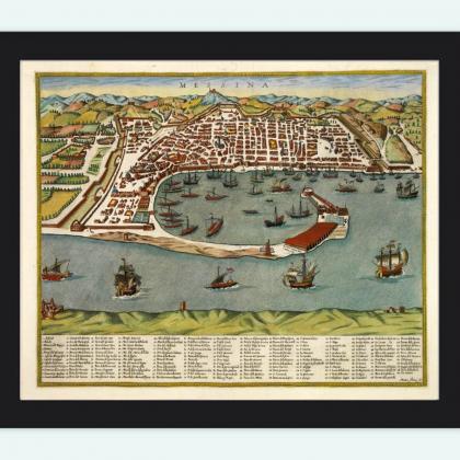 Old Map of Messina 1590 Antique Vin..