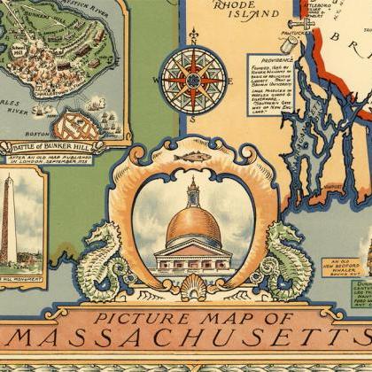 Old Map Of Massachusetts 1935, Boston, Salem,..