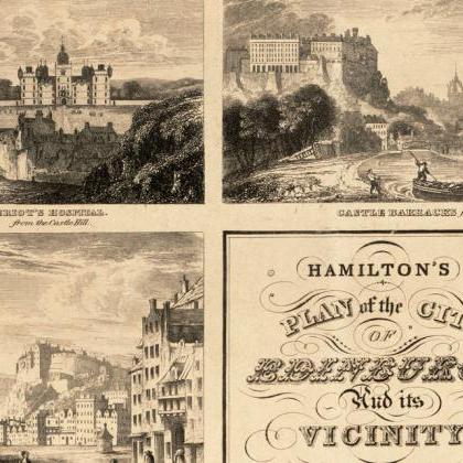 Old Map Of Edinburgh 1827 Edinbourg With Gravures,..