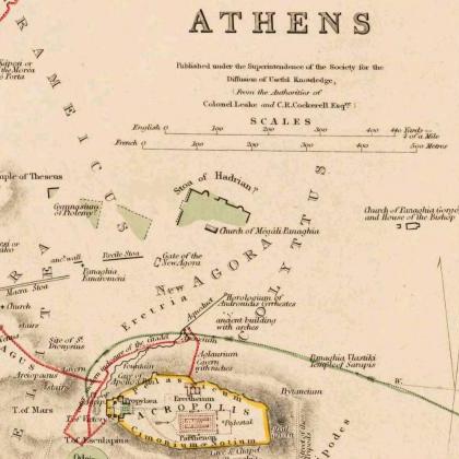 Old Map Of Athens Acropolis, Greece 1853 Vintage..