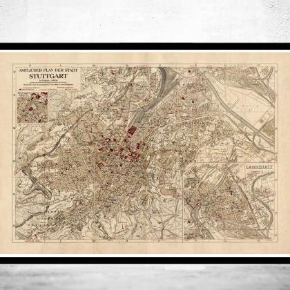 Old Map Of Stuttgart, Germany 1925 Vintage Map