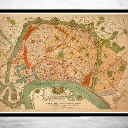 Old Map Of Antwerp, Belgium 1910 Anvers Antique..