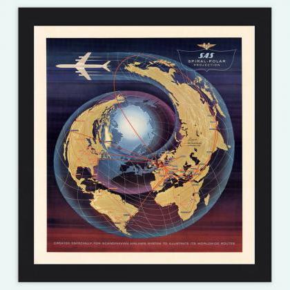 Vintage World Map Spiral Polar Projection Airlines