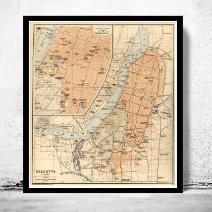 Old Map Of Calcutta Kolkata, India 1914 Antique..