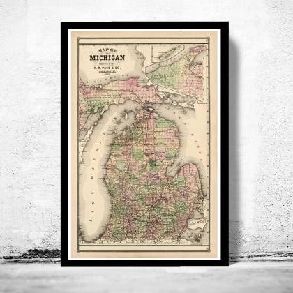 Old Vintage Map Of Michigan 1885