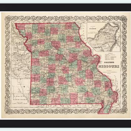 Old Map Missouri State 1869 United States Of..