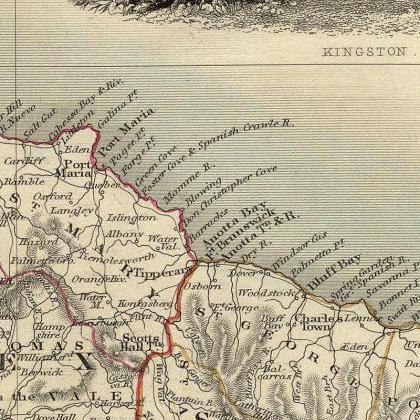 Vintage Old Map Of Jamaica, 1851, Antique Map Of..