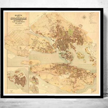 Old Map Of Stockholm Lundgren, Sweden 1885 Antique..
