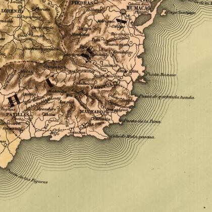 Vintage Old Map Of Puerto Rico Island, 1886,..