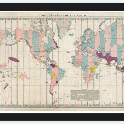 Old World Map Atlas Time Zone Chart 1937 Vintage..