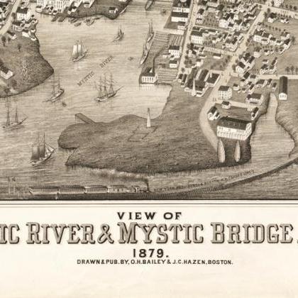 Old Map Of Mystic River Mystic Bridge, Connecticut..