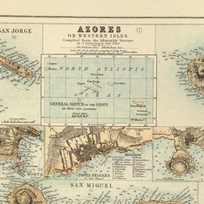 Old Map Of Açores Azores And Madeira Islands..