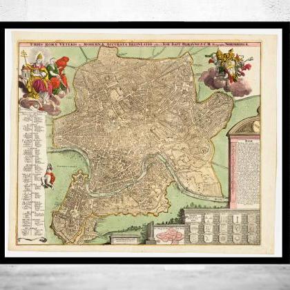 Vintage Map Of Rome Roma, Italia 1715 Antique Map..