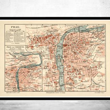 Old Map of Prague 1894 Czech Republ..