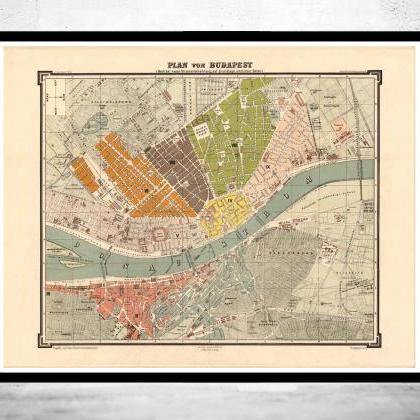 Old Map Of Budapest Hungary 1882