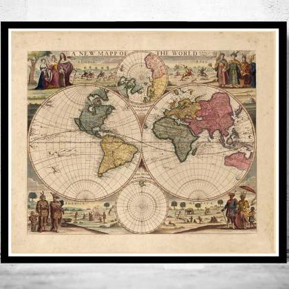 Old World Map 1686 Two Hemispheres