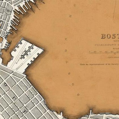 Vintage Map Of Boston 1842 Charlestown, Roxbury..
