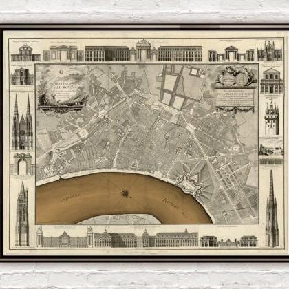 Old Map Of Bordeaux With Gravures 1755 France