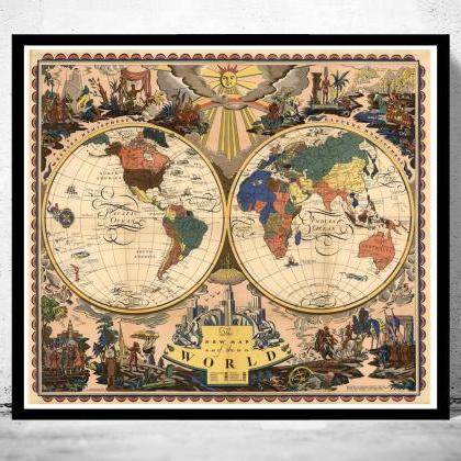Old Map Of The World 1928 Antique Map