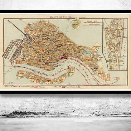 Vintage Old Map Of Venice Venetia Venezia , Italy..