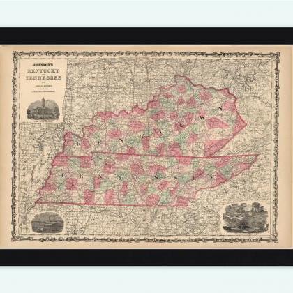 Vintage Map Of Tennesee And Kentucky 1864, United..