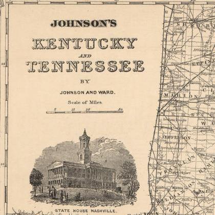 Vintage Map Of Tennesee And Kentucky 1864, United..