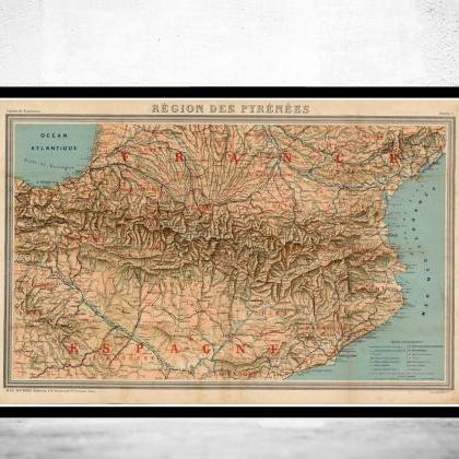 Old Map Of Pyrenees Pirineus 1920 France Spain