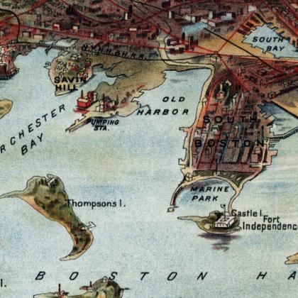 Birds Eye View Old Map of Boston an..