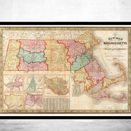 Old Map Of Massachusetts 1839, Boston, Salem,..