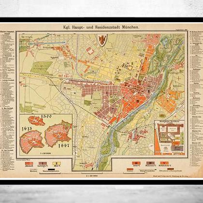 Old Map Of Munich Munchen With Gravures, Germany..