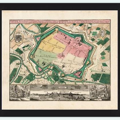 Old Map Of Leipzig With Gravures , Germany..