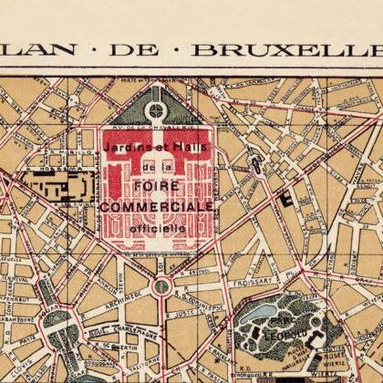 Old Map Of Brussels Bruxelles, Belgium 1924