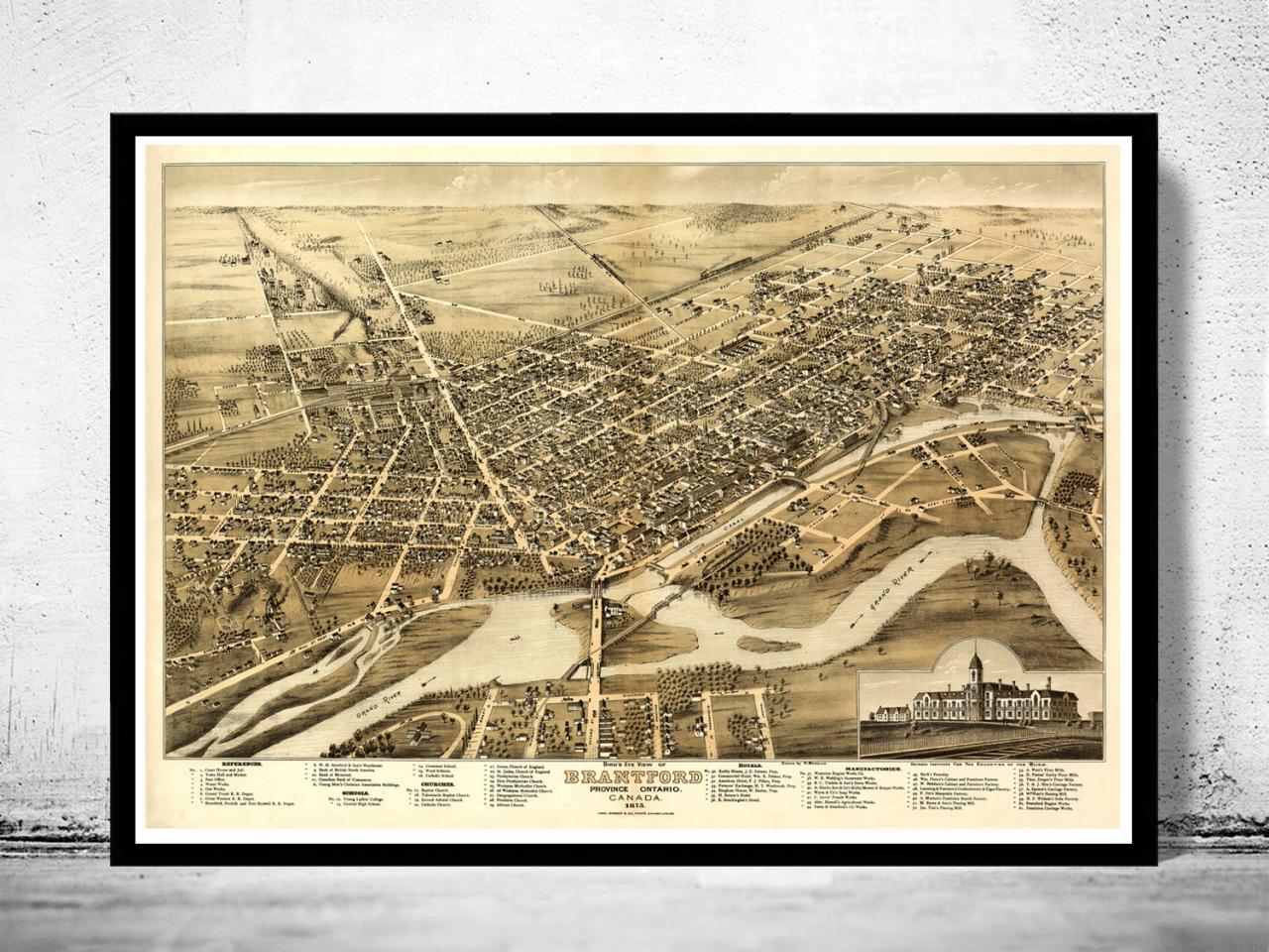 Old Map Of Brantford Canada 1875 Panoramic View