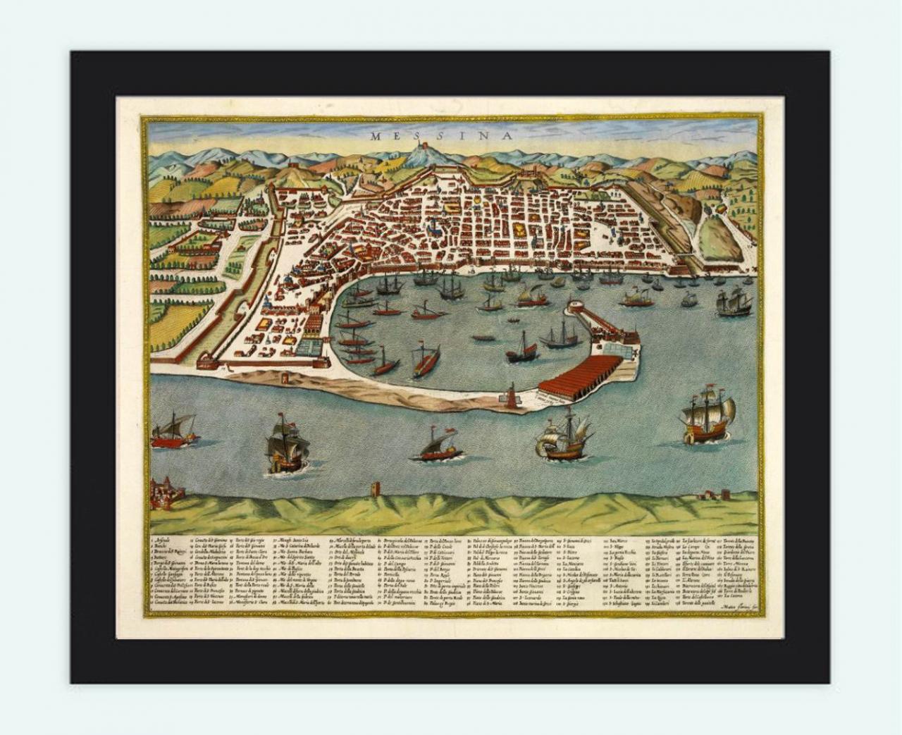 Old Map of Messina 1590 Antique Vintage Italy