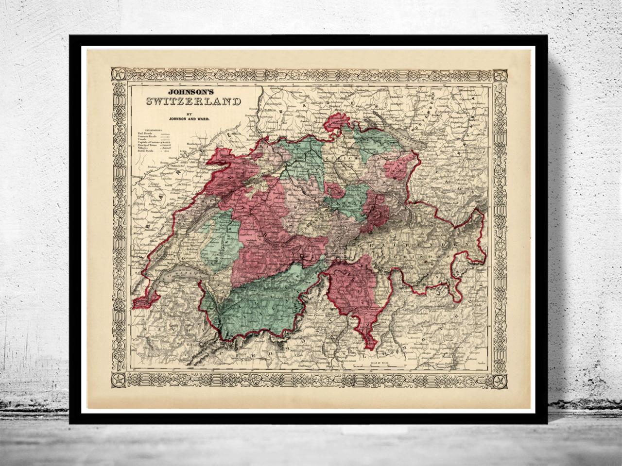 Old Map of Switzerland Antique Schweiz 1865