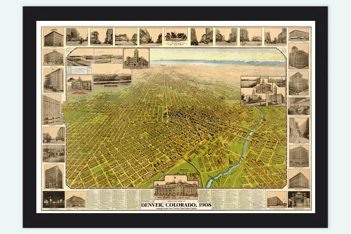 Denver Old Map Panoramic View 1908 , Colorado United States
