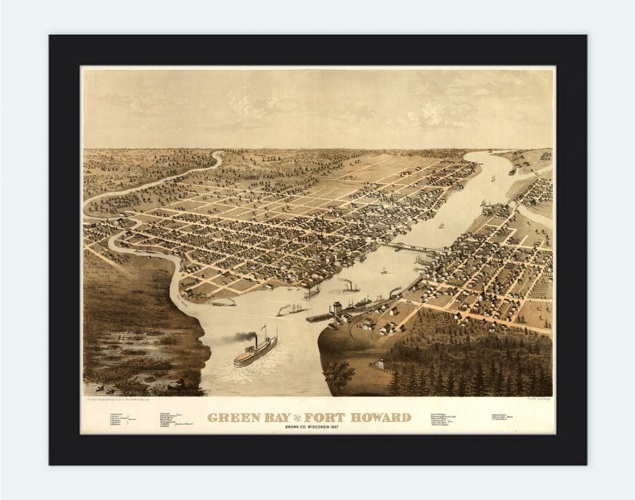 Green Bay Fort Howard Wisconsin 1867 Panoramic View Vintage