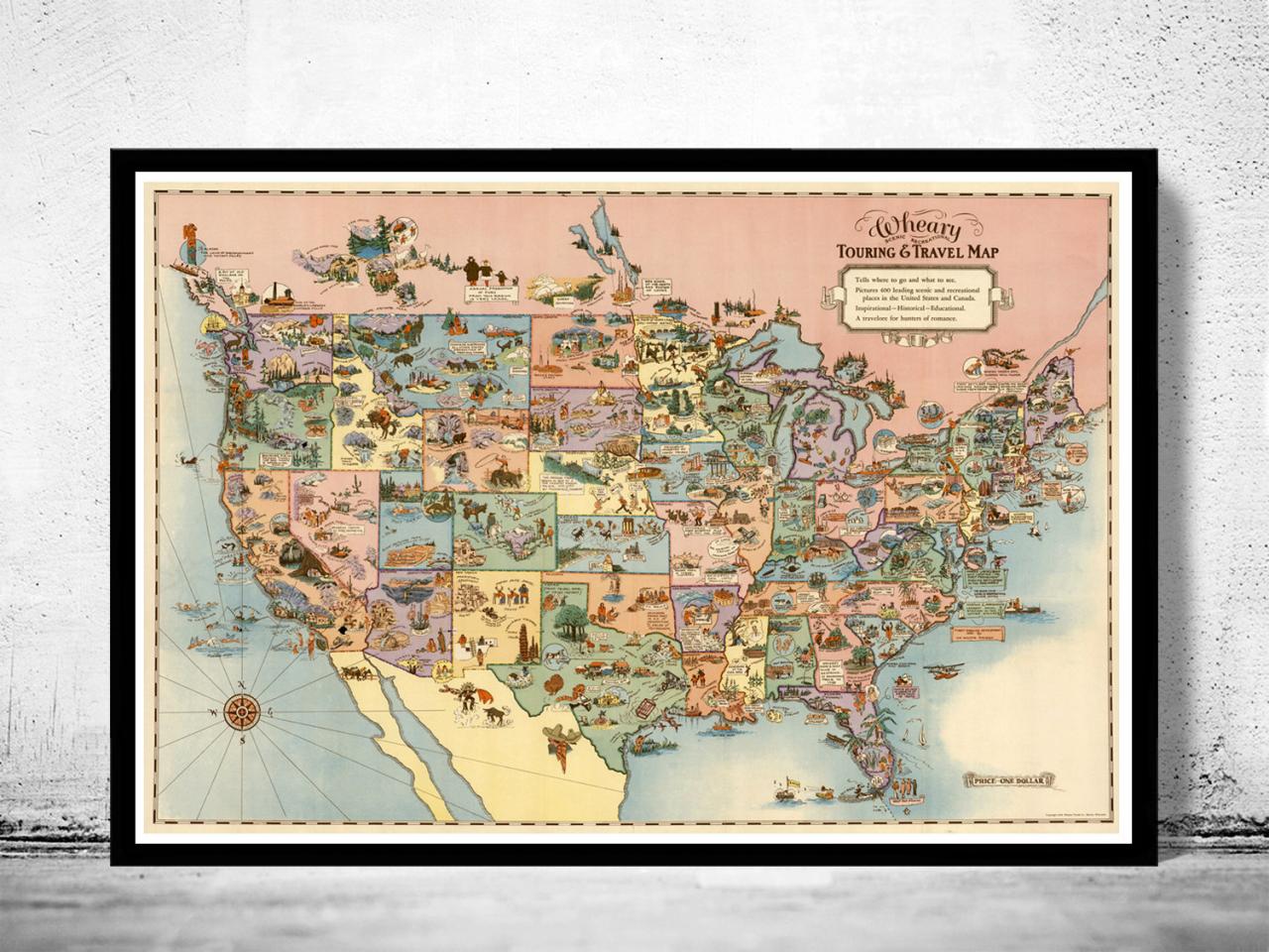 Vintage Map Of United States America, Recreational Touring & Travel Map 1928