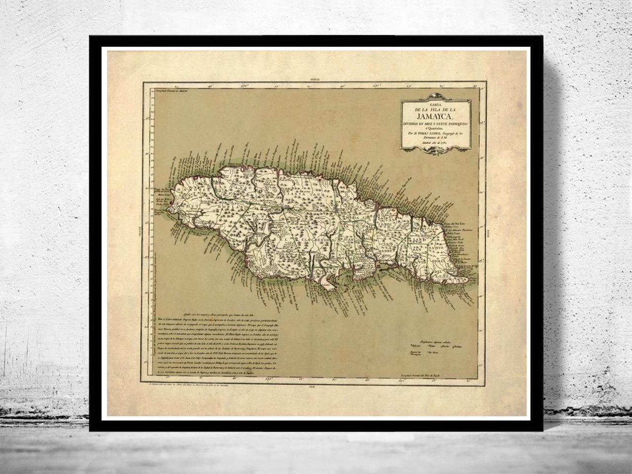 Vintage Old Map Of Jamaica, 1780, Antique Map Of Jamaica