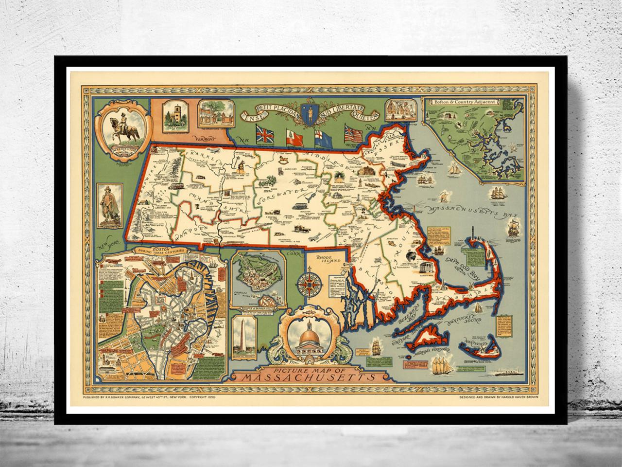 Old Map Of Massachusetts 1935, Boston, Salem, Worcester,lowell, Springfield