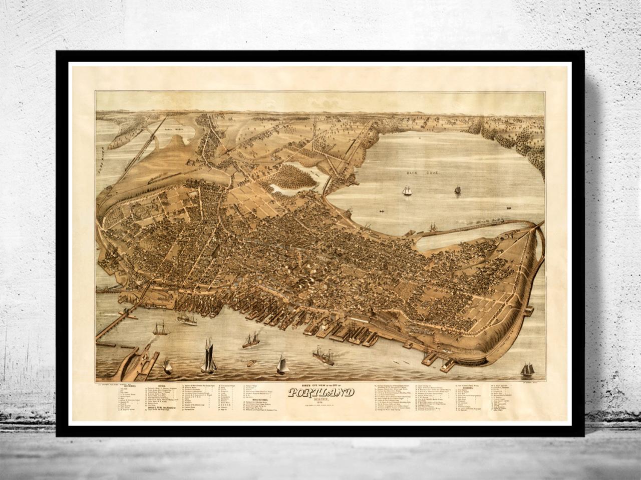 Beautiful Old Map Of Portland Maine 1876