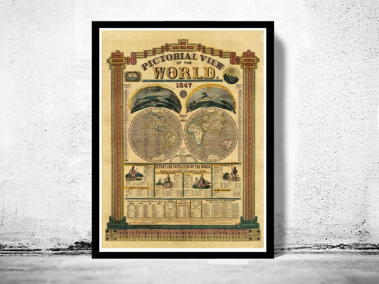 Vintage Pictorial World Map 1847 with interesting historical information