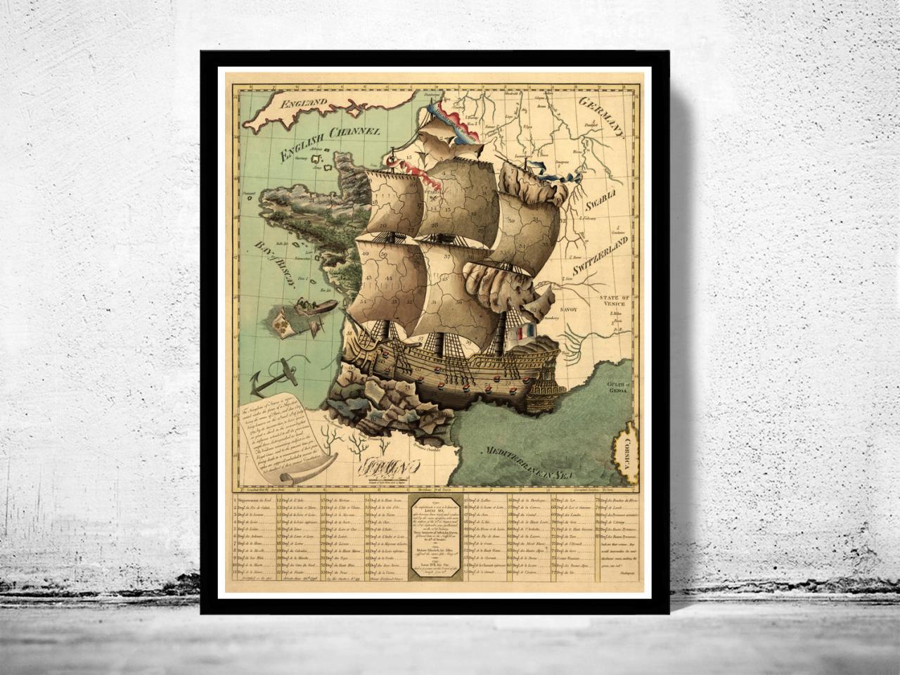 Old Map Of France Represented Under The Form Of A Ship 1796