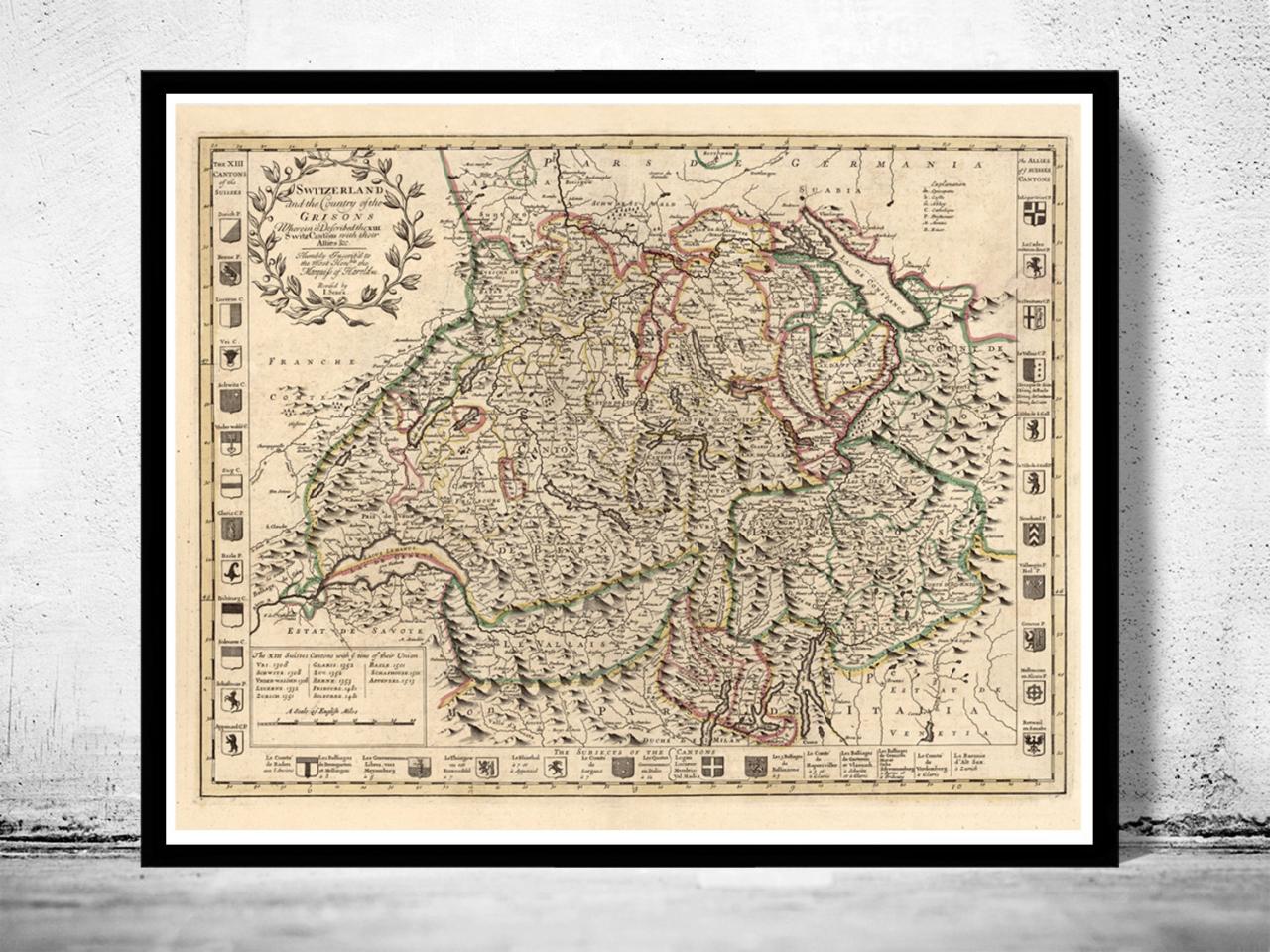 Old Map of Switzerland Antique Schweiz 1721