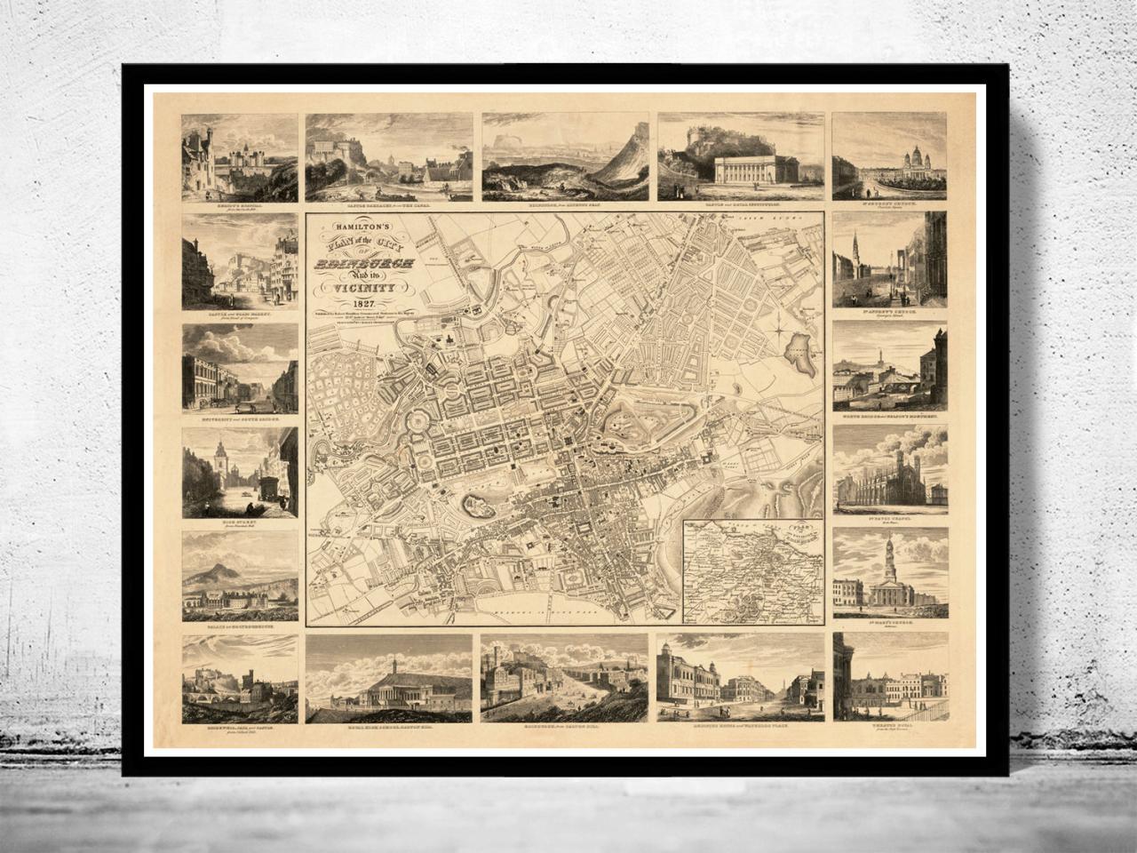 Old Map Of Edinburgh 1827 Edinbourg With Gravures, Scotland