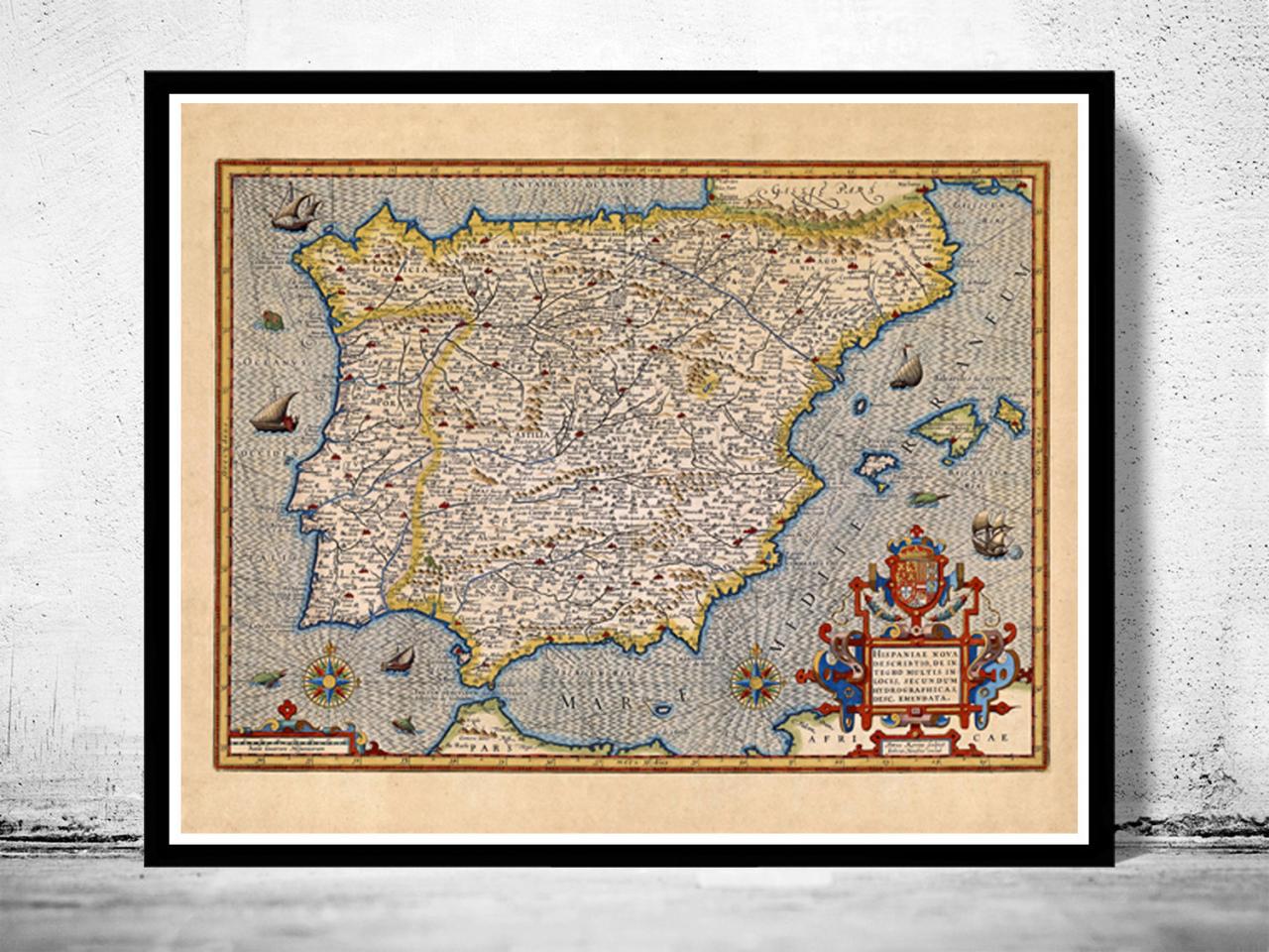 Old Map Of Spain España Mapa , 1613 Antique Map