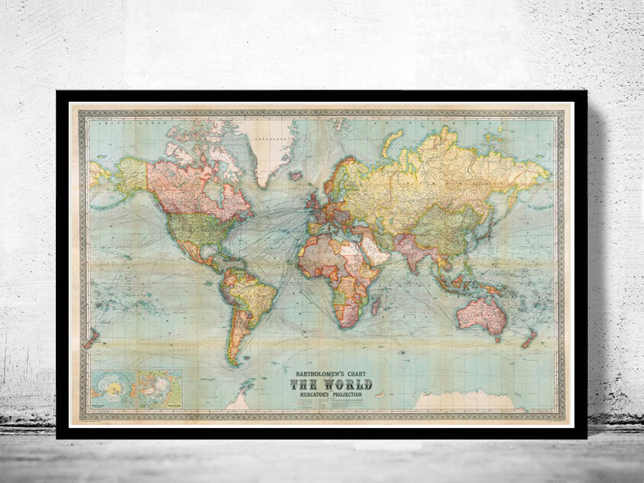 Beautiful World Map Vintage Atlas 1914 Mercator Projection