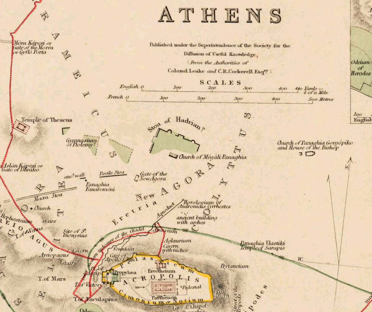 Old Map Of Athens Acropolis, Greece 1853 Vintage Map