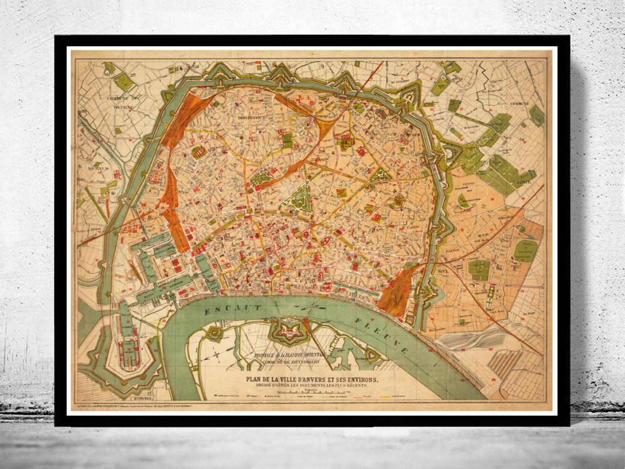 Old Map Of Antwerp, Belgium 1910 Anvers Antique Map
