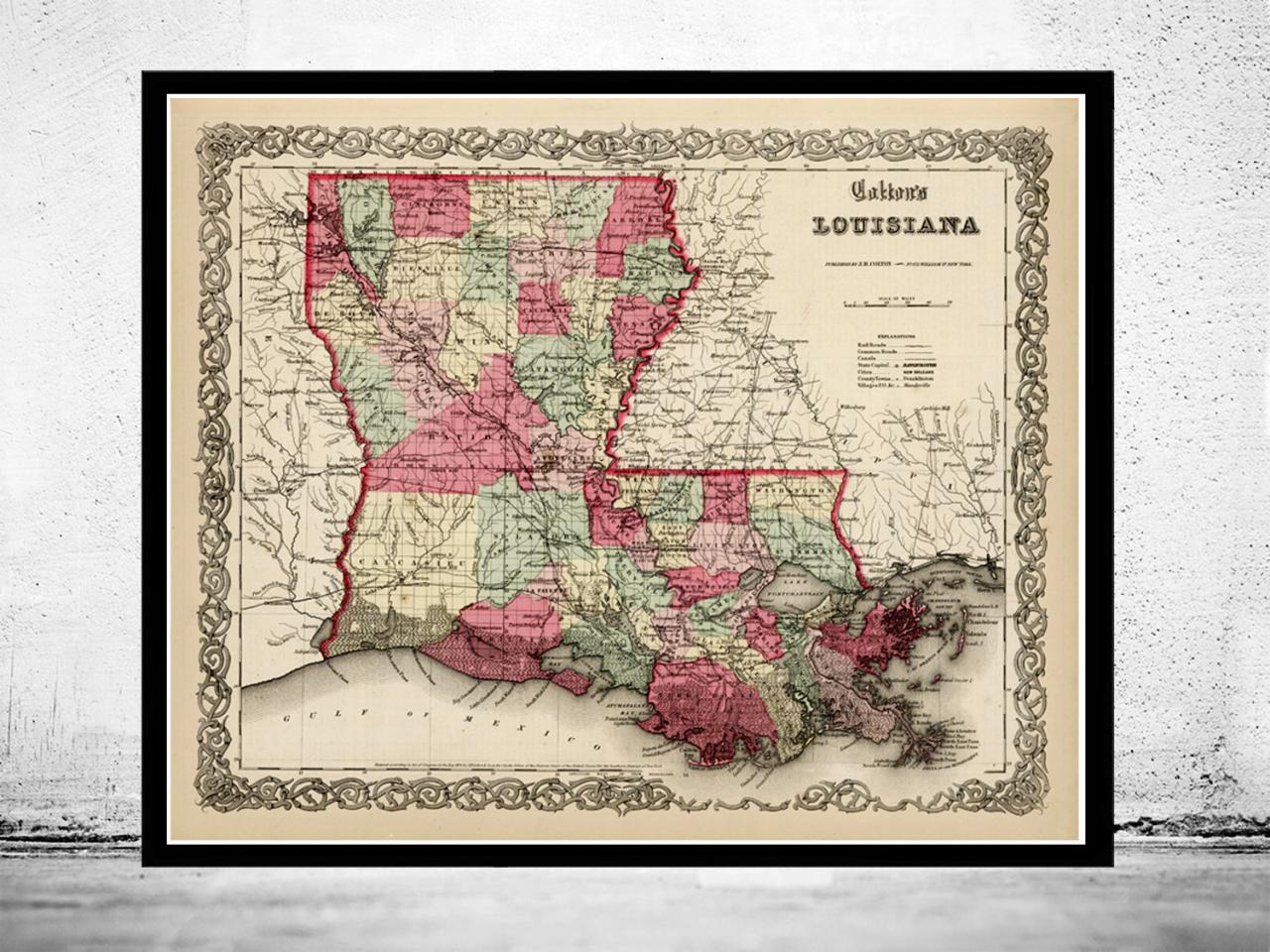 Old Map Louisiana State 1865 United States Of America